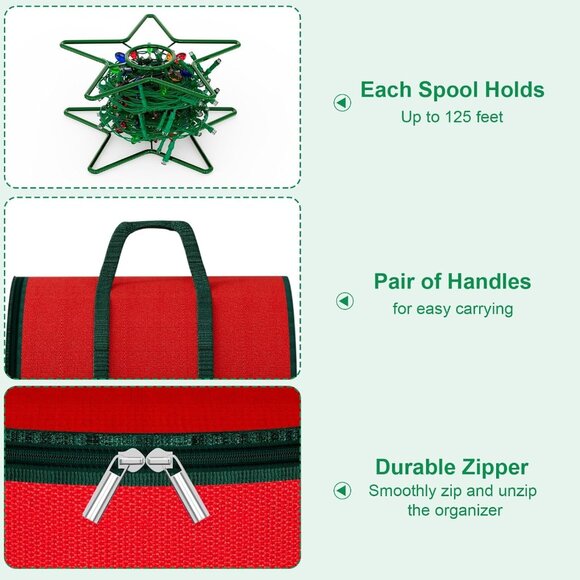 Dicasser Light Storage Zipper Carrying Bag Cord Reel Holder with 3 Green Metal R - Picture 3 of 7